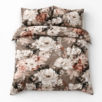 Pościel bawełna satynowa 160x200 brązowe kwiaty z prześcieradłem – elegancki komplet 4cz PK435